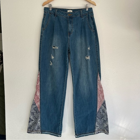 NWT Easel Patchwork Flare Highrise Jeans Western Country Bohemian Southern L - Picture 2 of 11